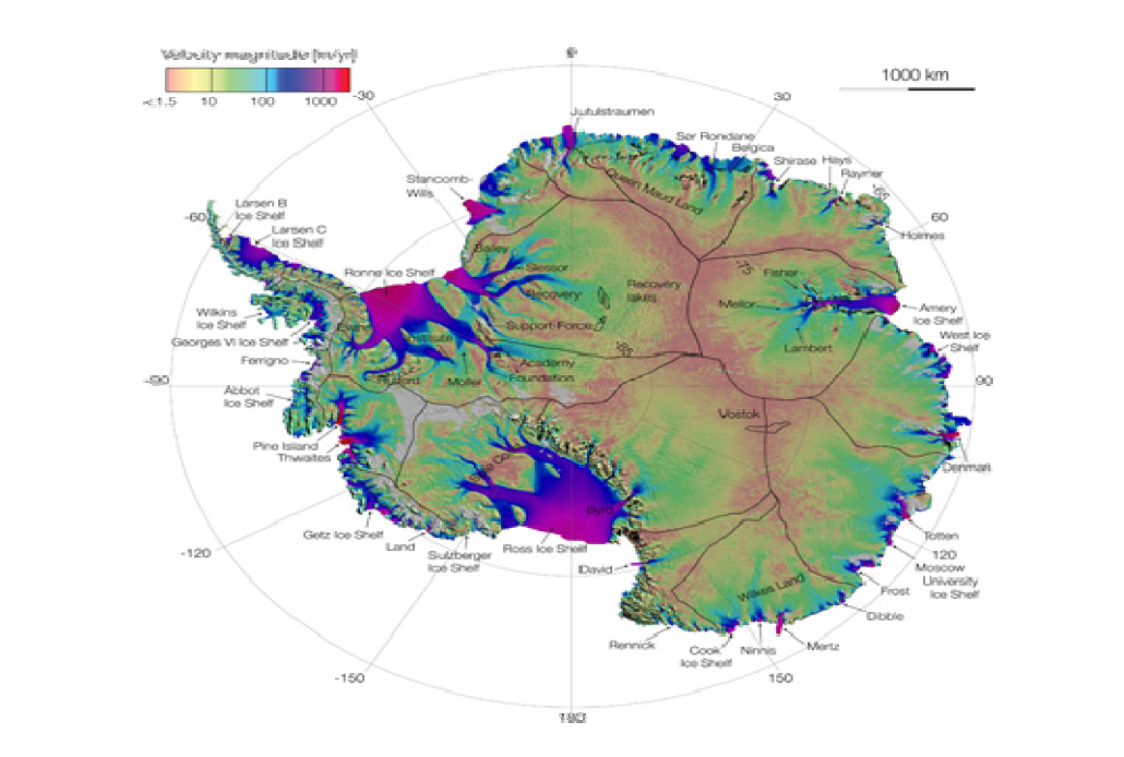 다양한 인공위성자료들로부터 추출한 남극빙하의 흐름속도