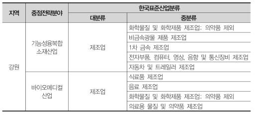 강원 중점전략분야 산업유형 및 해당 업종