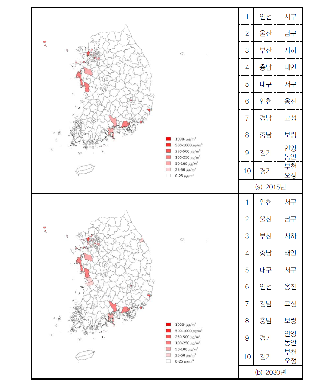 기준 시나리오에서 에너지산업 연소에 의한 PM10 밀도(시군구)