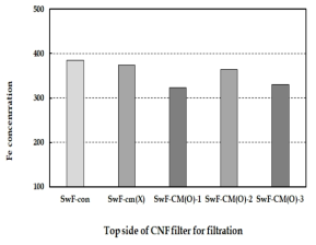 Effect of the conditions of manufacture and filtration on the Fe concentration filtered by CNF filters made from Sw-CNFs.