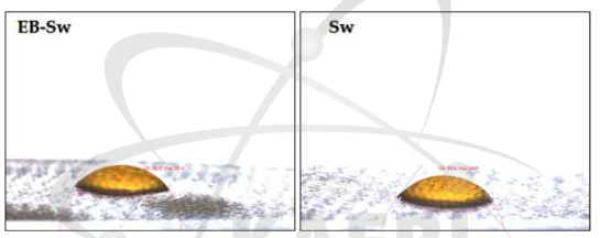 Effect of EB irradiation on the contact angle of CNF pads made from Sw-BKP.