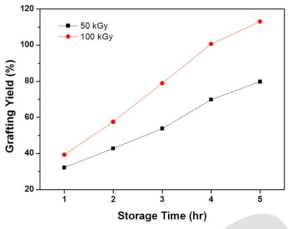 면직포/Styrene의 반응시간에 따른 그라프트 수율.