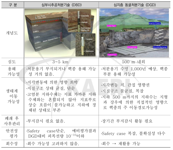 심부시추공처분기술과 심지층 동굴처분기술 비교