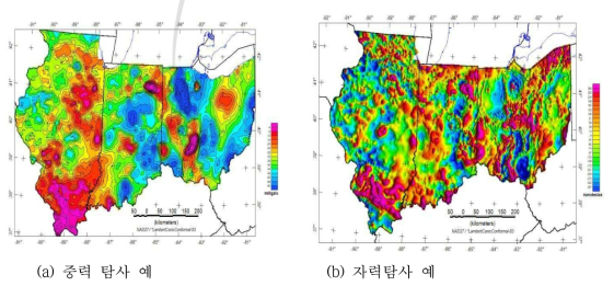 중력과 자력 탐사의 예