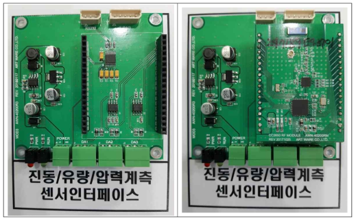 진동/유량/압력계측 센서인터페이스 무선RF모듈 실장 전(좌) 및 무선RF모듈 실장 후(우)