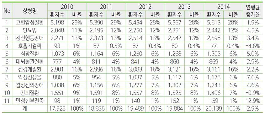 국내 만성질환자 상병별 환자 증가수