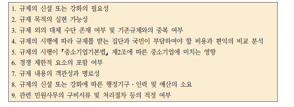 규제영향분석서 작성시 포함사항(｢행정규제기본법｣ 제7조제1항)