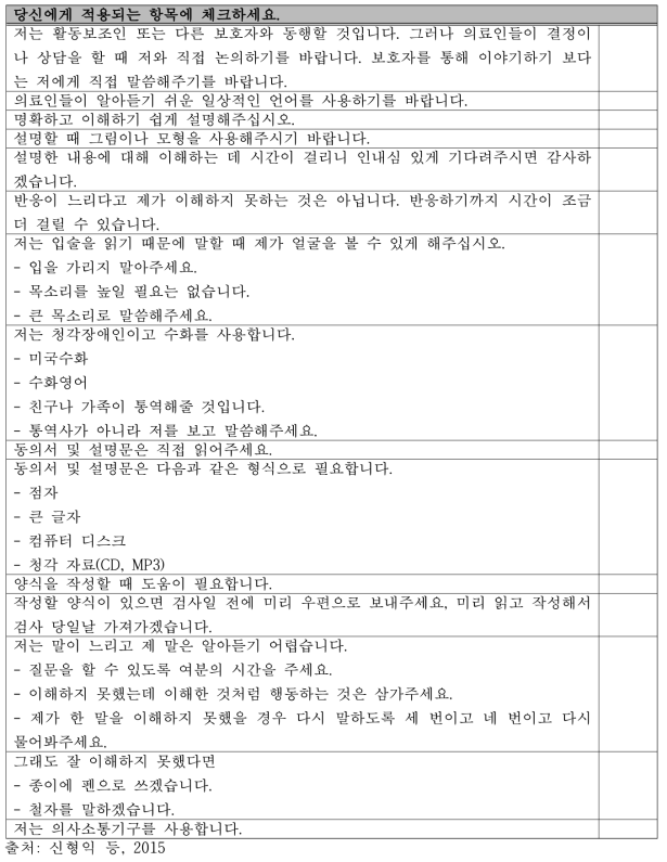 장애 유형에 따라 필요한 지원에 대한 체크리스트