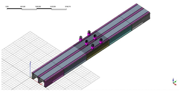 아치덱 및 슬래브를 적용한 3주형 PSC-I 거더 실험체의 하중위치 및 하중면적(3D View)