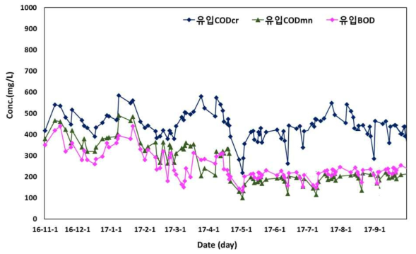 유입수의 유기물 농도 변화