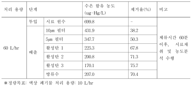 액상 수은 폐기물의 수은 제거 실험 결과