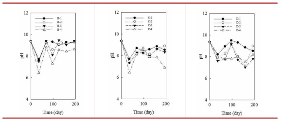 사축 분해과정에서의 각 시험 cell별 pH 변화