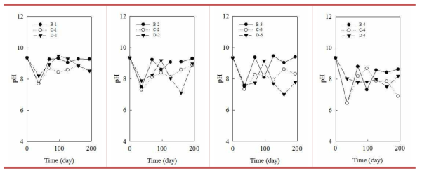 사축 분해과정에서의 각 시험 cell의 높이변화별 pH 변화