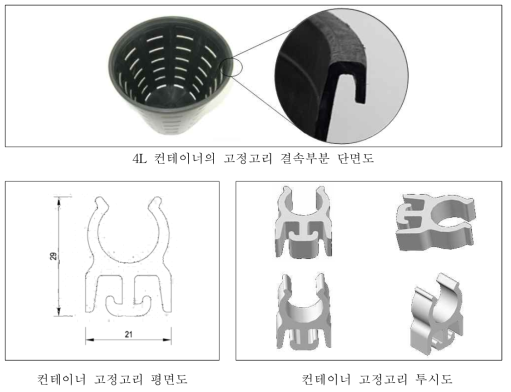 전도방지용 컨테이너 고정고리의 평면도 및 투시도