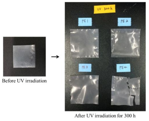 UV 조사 전-후 복합 분해성 LDPE 필름 외관