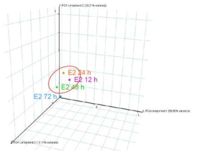 E2 노출시간별 차등 발현 유전자들에 대한 PCA 분석 결 과. 전체 차등 발현 유전자들 중 37.8%가 노출시간 특이적임