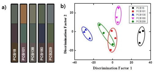 (a) PCB계 내분비계 장애 물질에 의한 WHW type 박테리오파지 컬러센서의 색변화 (b) 각 물질에 대한 색변화를 선형분석한 결과