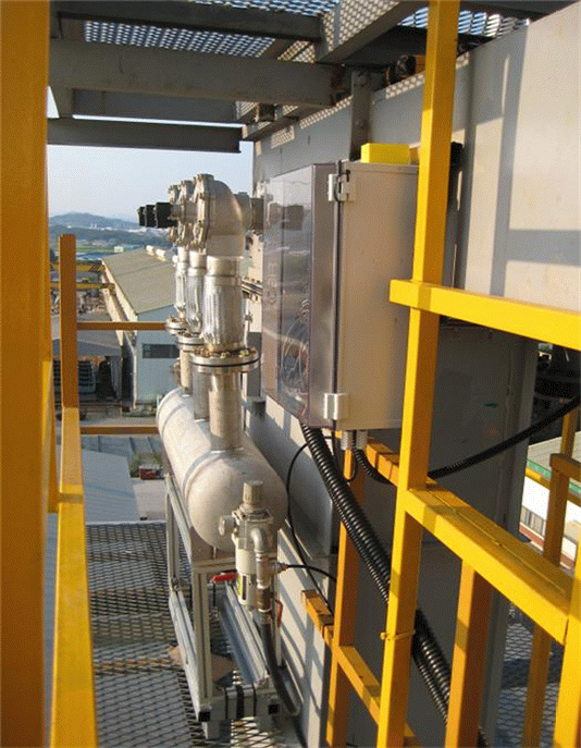6,000Nm3/hr 규모 15M 백필터 복합재생시스템: 탈진 재생공기압 탱크와 실시간 차압, 유속, 재생공기압력, 온습도 측정을 위한 Control box