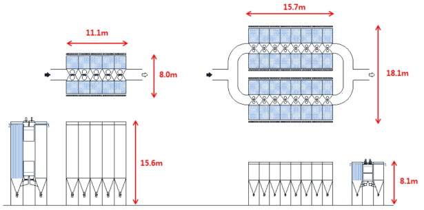10M 필터(좌) 및 3M 필터(우) 적용조건에서의 백필터 집진장치 기본설계도면