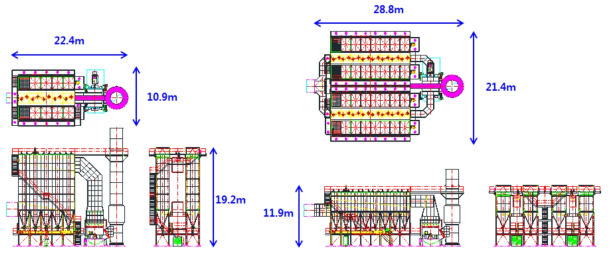 길이 10M 필터(좌) 및 길이 3M 필터(우) 적용시 백필터 집진장치의 설치면적 및 크기 비교