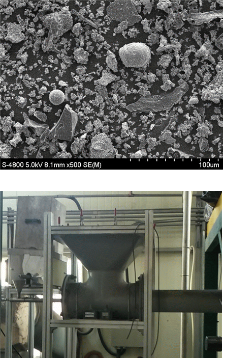 600Nm3/hr 규모 백필터 복합재생시스템 성능평가 실험에 사용된 먼지입자 전자현미경 사진(상) 및 시험설비의 먼지공급부(하)