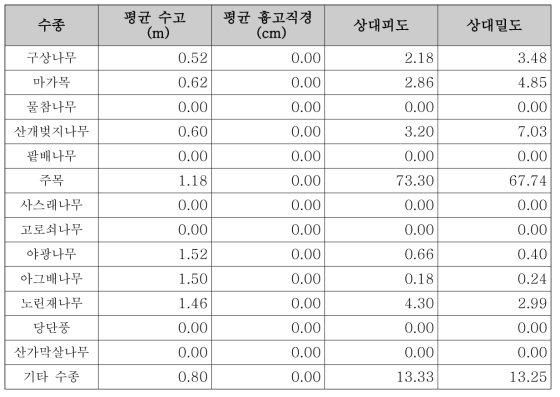 주요 수종 관목층 평균 규격