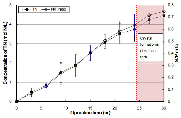 흡수조내 시간별 TN 및 N/P ratio 변화