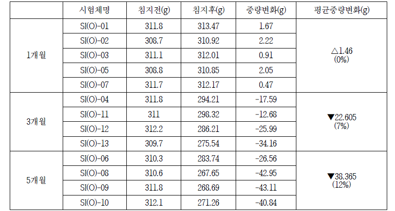 OPC 해수 침지 조건의 시험체별 중량변화