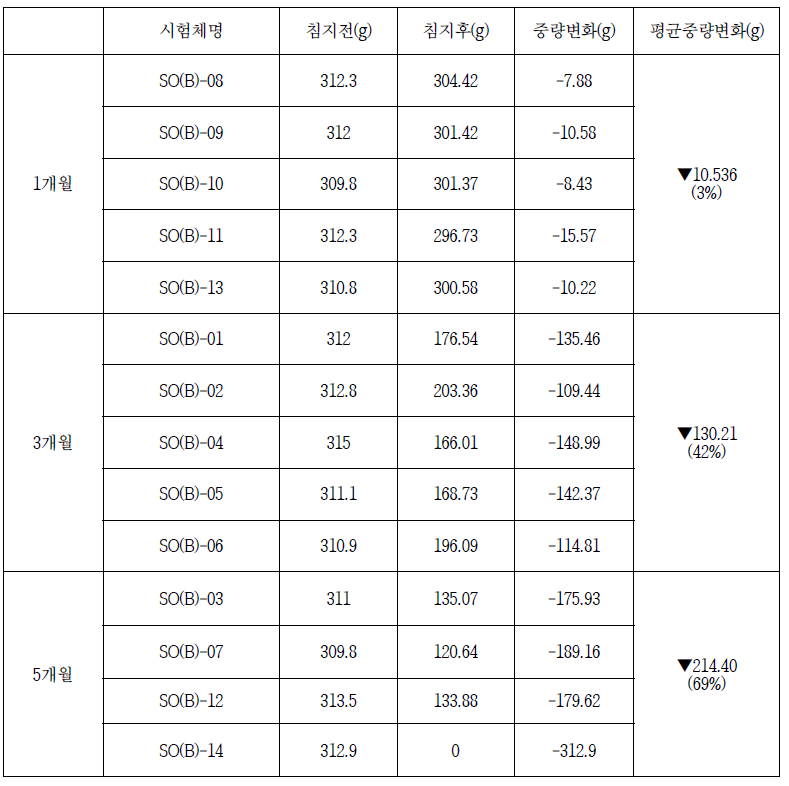 고로슬래그 시멘트 해양폭로 시험조건의 시험체별 중량변화