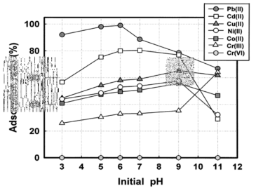 음이온화제 처리 섬유상 여재의 pH에 따른 중금속 흡착률