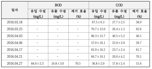 실증화 시스템 오염 물질 제거 효율 (BOD, COD)