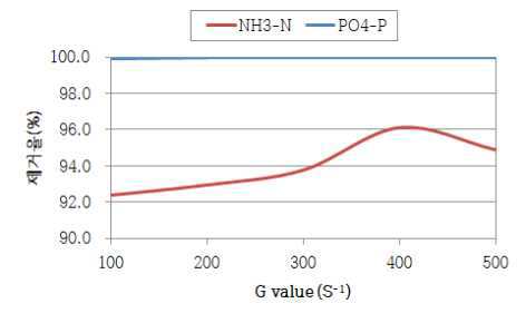 G값 변화에 따른 NH3-N과 PO4 3--P 제거효율