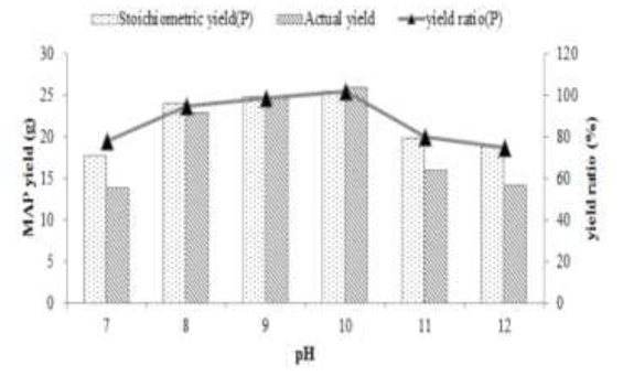 가축분뇨 소화 탈리액의 pH에 따른 struvite 생산량 변화.