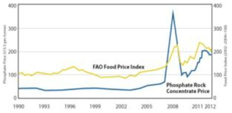 국제 곡물 가격과 인광석 가격의 변동.