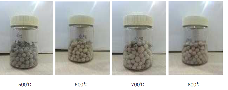 소성온도별 흡착제 형태