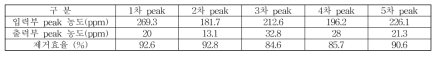 측정된 peak 농도 및 제거효율