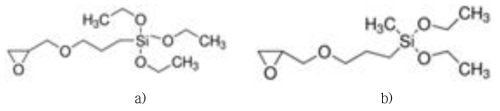a) Triethoxy(3-glycidyloxypropyl)silane [E], b) Diethoxy(3-glycidyloxypropyl)methylsilane [DE]