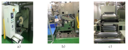 율촌화학 내부 멀티 Coater 장비 a) Unwinder 부분, b) Coating 부분, c) Rewinder 부분