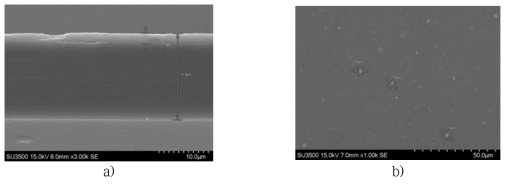 SEM 측정 결과 a) (단면) – 코팅 두께 확인 – OPP 20, b)(표면) – 코팅 표면 촬영 – OPP 20