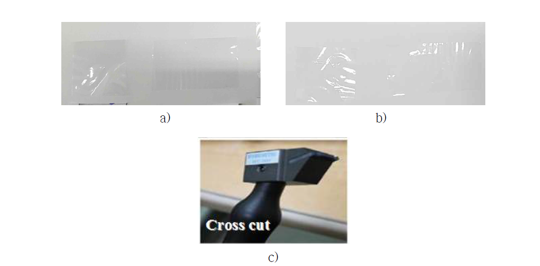 a) 접착력 test 전(3, 5wt%), b) 접착력 test 후(3, 5wt%), c) cross cutter