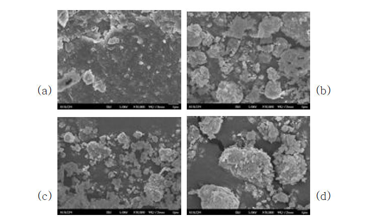 MMT 분리 공정에 따른 SEM 이미지;(a) : bare MMT, (b) : washing MMT, © : upper MMT, (d) : lower MMT