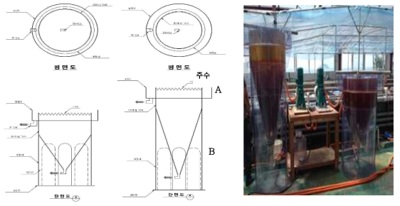 Structure of settling tank. Angle of tank 30° (left), 60°