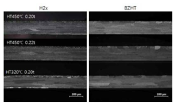 히터 튜브용 Pilot-scale 클래드의 브레이징 전후 편광 광학현미경 미세조직 (TD면)