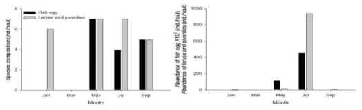 The variation of species composition and abundance of fish egg, larvae and juveniles in Gangjin Bay, 2015.