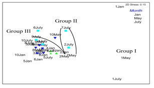 The result of multi-dimensional scaling (MDS) for the benthic community in Gangjin Bay, 2015.