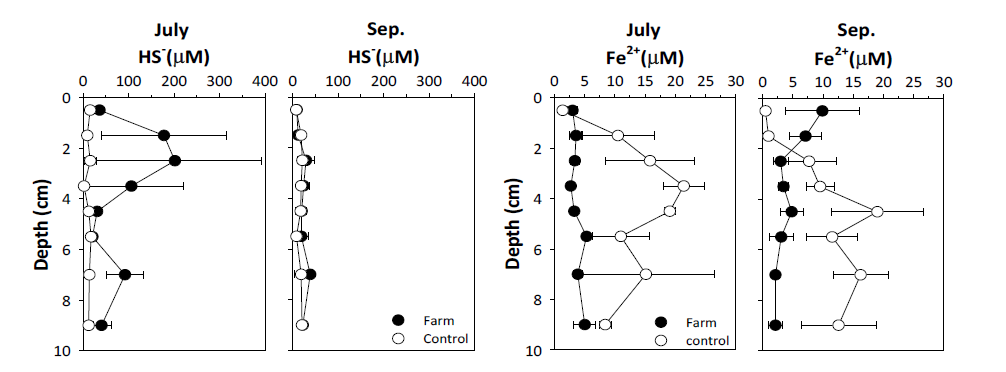 Distribution of hydrogen sulfide and iron concentrations in pore water in sediment of fish farm and control site, 2013.
