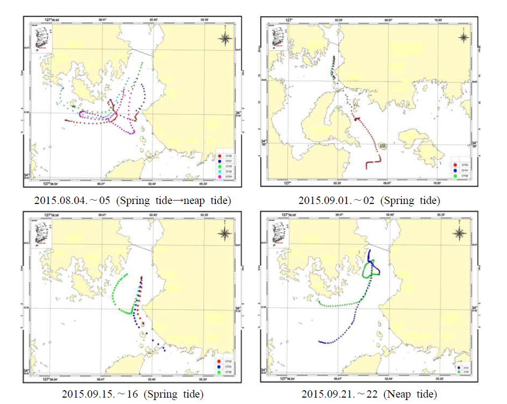 Lagrangian trajectories of floating buoys at spring and neap tides in Gangjin Bay, 2015.