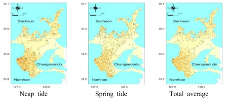 Spatial distributions of calculated residence times of Gangjin Bay.