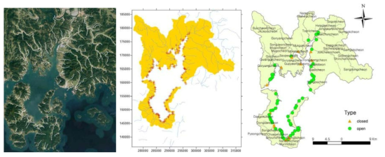 Stream position (left), outlet of tidal river (middle) and watershed and stream name (right) reconstructed with GIS.