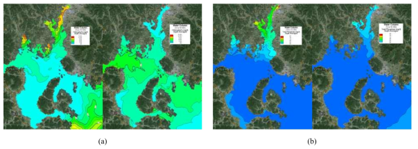 Calculated results of Chl.a (a) and DIP (b) concentrations by ecological model in cases of rainy (a-left, b-left) and wet seasons